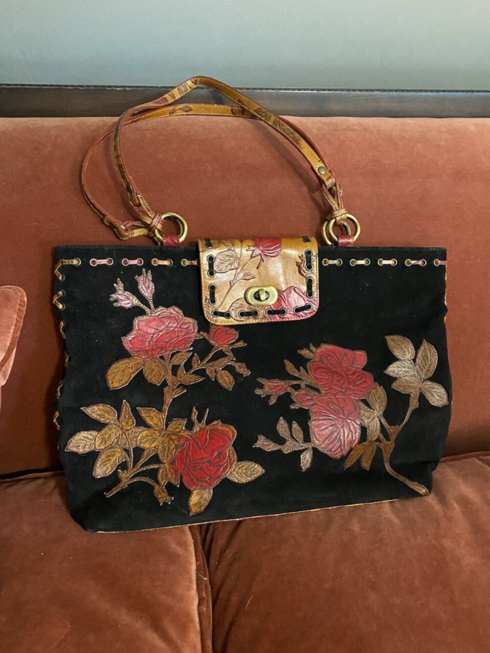 Isabella Fiore Large Rambling Rose Black Suede and Leather Purse